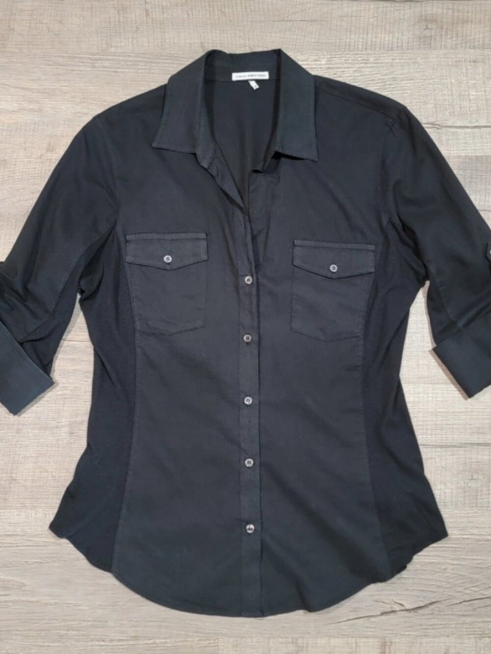 Standard James Perse Size 4 XL Button Up Roll Tab Cotton Panel Shirt Black Top